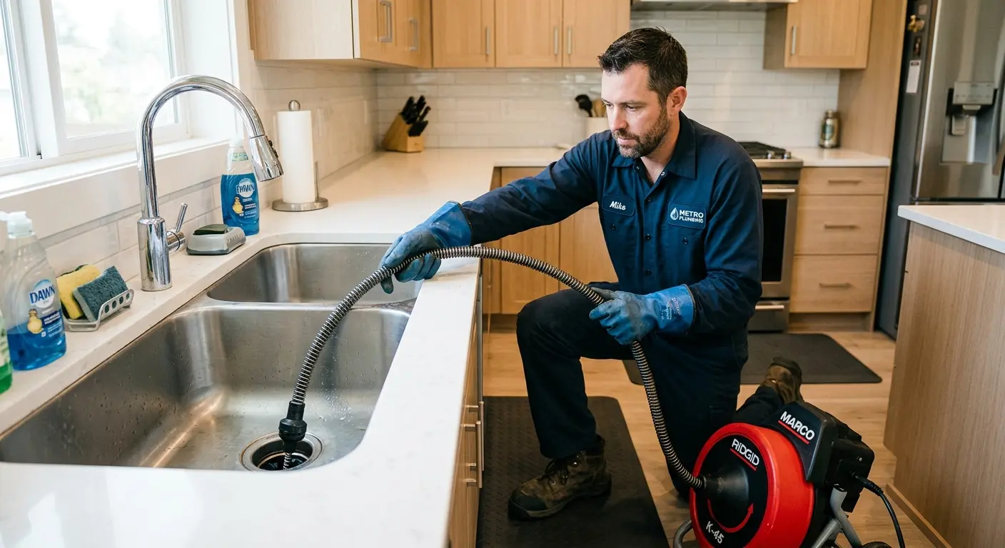 Drain cleaning technician using a motorized snake on a kitchen sink in Laie
