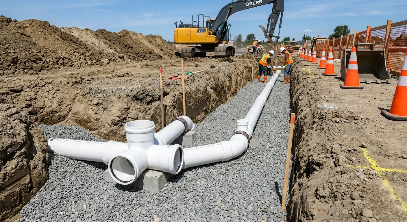 New PVC sewer pipe installation in open trench for Sewer Backup in Laie