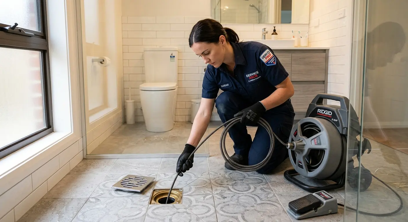 Technician clearing a bathroom floor drain for Hydro Jetting in Laie
